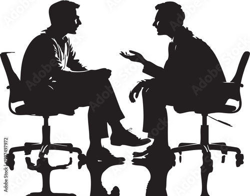 Two businessmen in office chairs engaged in a discussion or negotiation, conveying a sense of professionalism and collaboration, suitable for marketing, business, or educational materials.