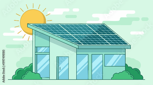 Modern house with solar panels and sun, representing renewable energy