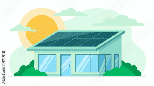 Eco-friendly house with solar panels, renewable energy concept illustration