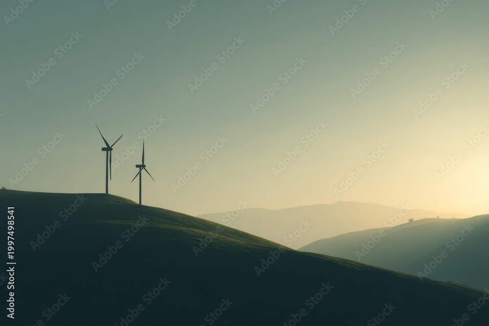 Obraz premium Wind turbines on green hill at sunset
