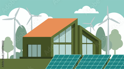 Sustainable house with solar panels and wind turbines, green energy concept