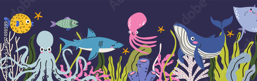Undersea world banner in cartoon doodle style. Cute marine animals, algae and corals on a dark blue background. Octopus, whale, shark, stingray. Vector flat illustration