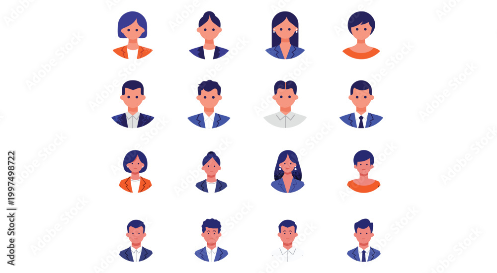 Fototapeta premium Flat Vector Avatar Set of Diverse Business People Characters in Modern Minimal Style