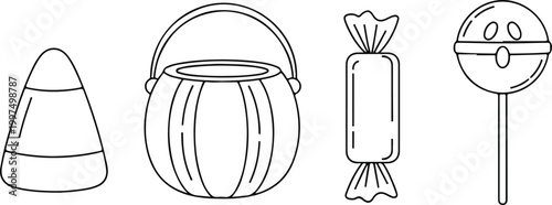 Halloween trick or treat candy set featuring candy corn, a pumpkin bucket, wrapped candy, and a ghost lollipop in line art style.