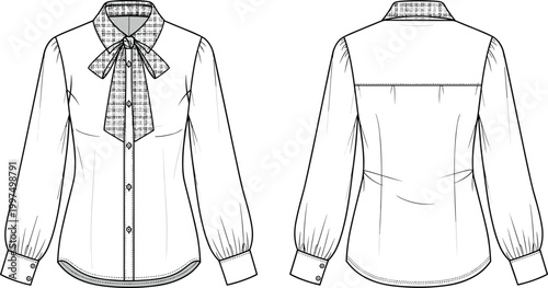 Technical fashion illustration, blouse design, bow tie collar, button-down front, long sleeves, cuff detail, yoke seam, garment construction drawing