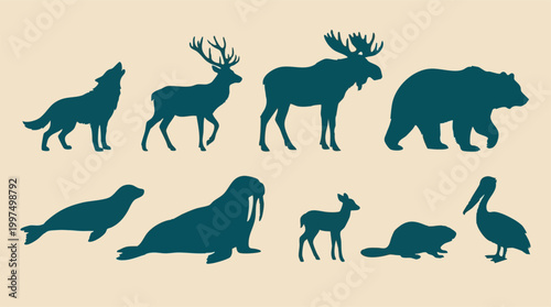 Collection of wild animal silhouettes including wolf, moose, bear, and walrus