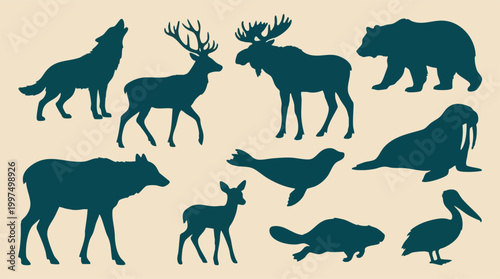 North American Wildlife Silhouettes - Animals Collection Vector Illustration
