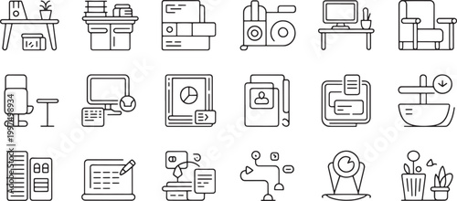 Set of 15 business office line icons, various workplace elements and objects, productivity and work environment Vector Illustration.