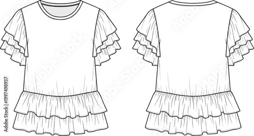 Technical fashion illustration, blouse design, large bow neckline, bishop sleeves, wide cuffs, button closure, yoke detail, garment construction drawing