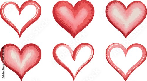 Six stylized red hearts in various artistic styles and textures Vector Illustration on a grey checkered background, love and romance symbols.