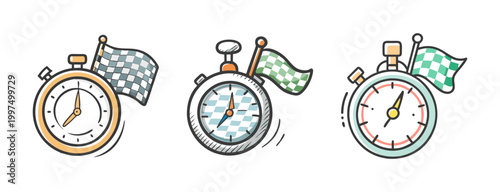 Doodle stopwatches with checkered flags symbolizing racing and time completion