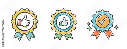 Set of three hand-drawn badges with thumbs up and checkmark, signifying trust and quality.