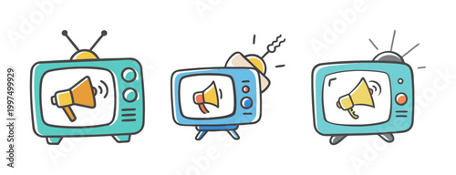 Doodle-style icons of vintage televisions broadcasting messages with megaphones for advertising.