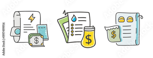 Utility bills and money icons representing expenses for electricity, water, and gas