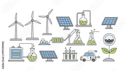Sustainable Energy Icons: An array of detailed icons showcases renewable energy solutions, emphasizing wind turbines, solar panels, and experimental setups.