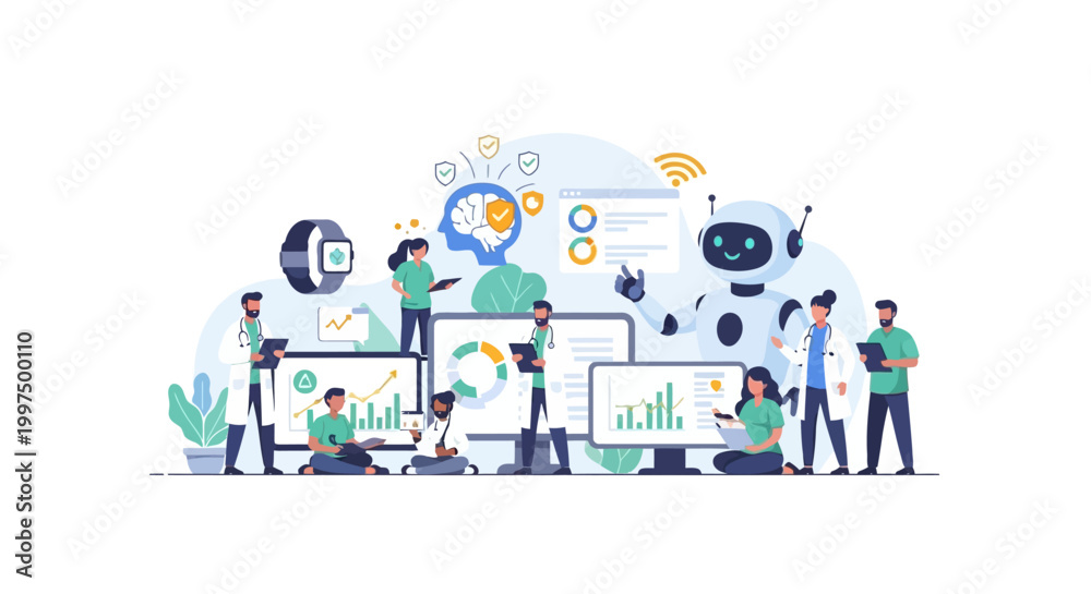 Naklejka premium AI Healthcare Team: Doctors and Nurses Working with Robot on Medical Data Analysis, Digital Diagnostics, and Telemedicine Tech