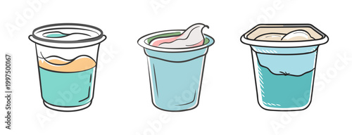 Three hand-drawn icons of yogurt cups in different states of opening and fullness.