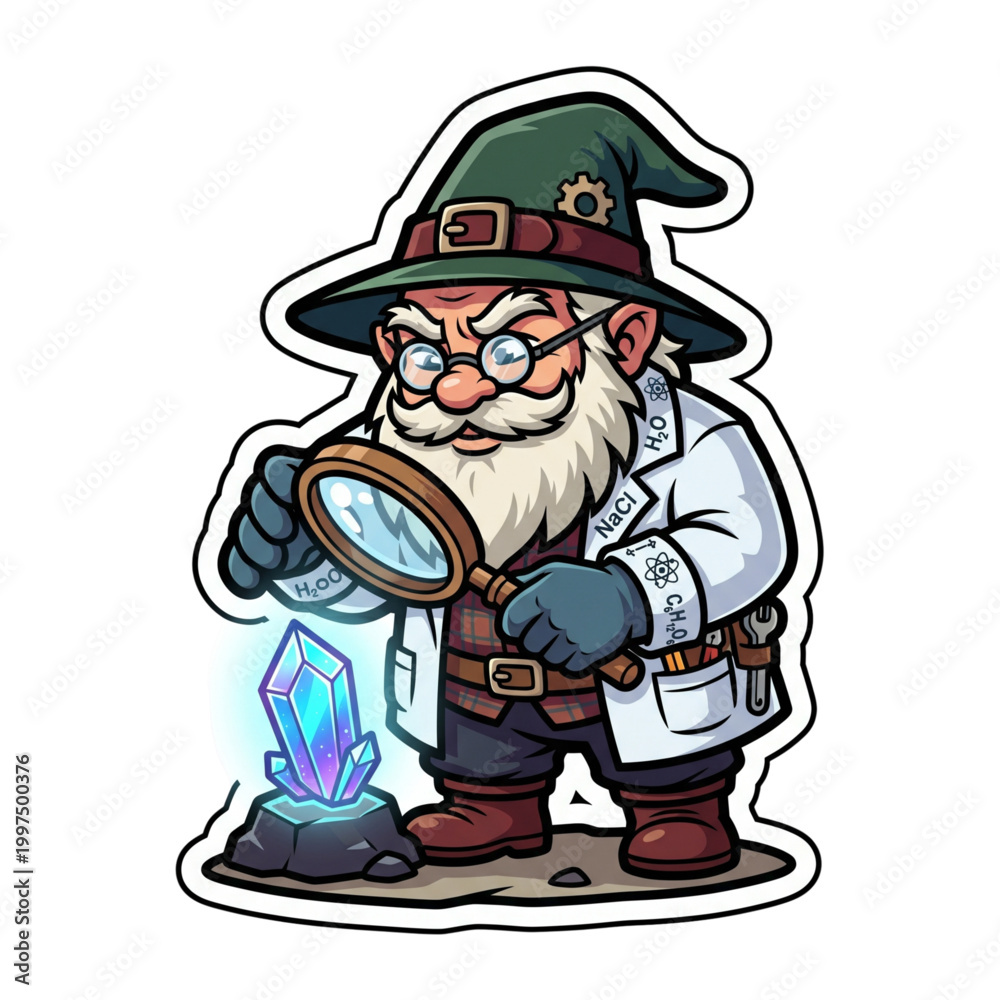 Naklejka premium Cartoon wizard with magnifying glass examining crystal on white background vector illustration