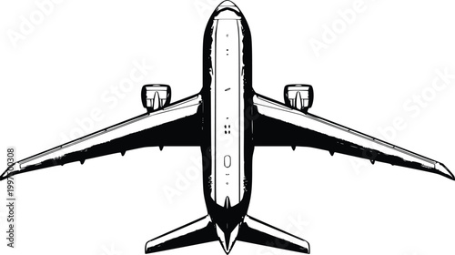 Technical aviation vector blueprint collection with top side and detailed schematic views of widebody jet isolated on white
