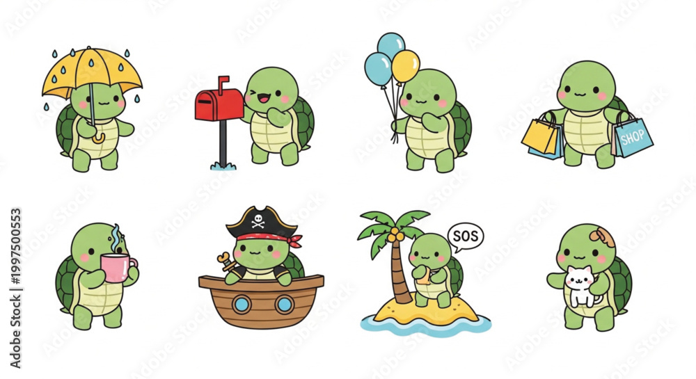 Obraz premium Cute turtle character vector set with cartoon reptiles in daily life scenes including rain shopping pirate adventure and rescue themes