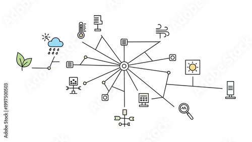Smart Environmental System: a network of interconnected icons and symbols, illustrating the components of an advanced environmental monitoring system.