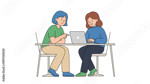 Two women collaborate on a laptop at a table in a modern minimalistic design