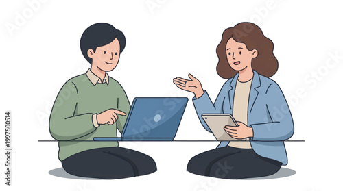 Two individuals collaborating using technology at a table against a white background