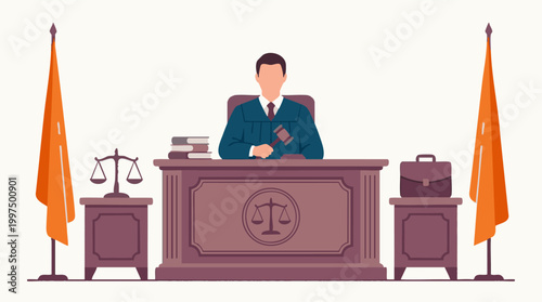 Judge with gavel at courtroom desk, scales of justice symbol, legal concept