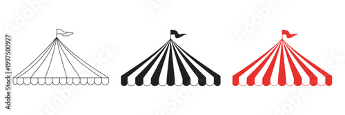 Circus tent icon set vector, striped big top carnival icons, red black flat outline flags symbol collection isolated design
