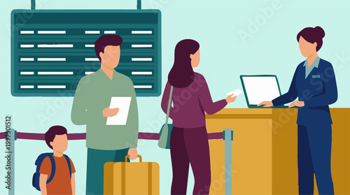 Family checking in at the airport counter for their vacation trip