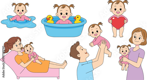 Cartoon vector illustration of baby care showing nurturing playful affectionate interactions creative cheerful design