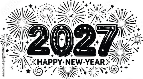Happy New Year 2027 vector illustration with fireworks bursts and stars on solid white background for holiday greeting cards