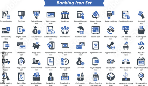 Set of banking and finance icons for business and money management featuring modern blue and black design