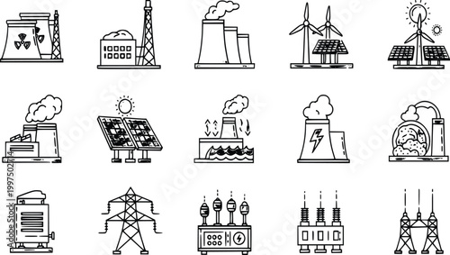 Technical line art vector icon set for power generation energy sources and electrical grid distribution isolated on white background