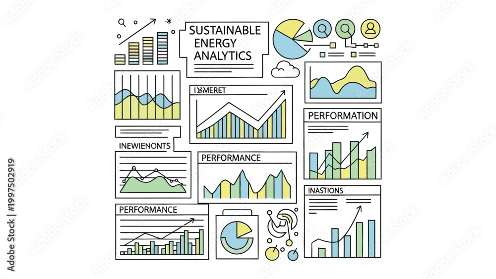 Fototapeta premium Sustainable Energy Analytics: A visually engaging illustration showcasing sustainable energy analytics, with diverse charts and graphs representing data and insights.
