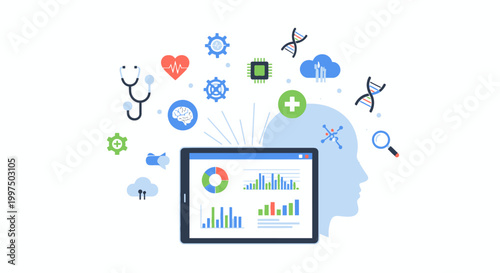Health Informatics and Big Data Analytics on Tablet. Digital Medicine, AI Diagnosis, and Research Technology Illustration.