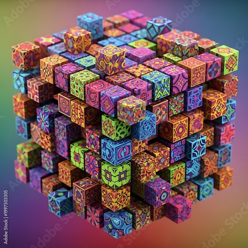 Colorful, intricately patterned cubes form a larger, layered geometric structure