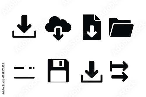 Download actions icon set download arrow cloud download file folder progress bar save disk data transfer vector illustration