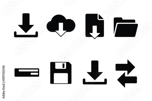 Download actions icon set download arrow cloud download file folder progress bar save disk transfer concept vector design