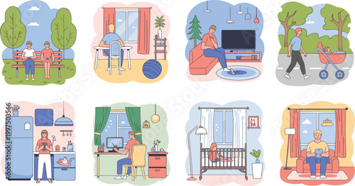 Cartoon vector illustration of daily life scenes showing leisure work childcare modern lifestyle creative design
