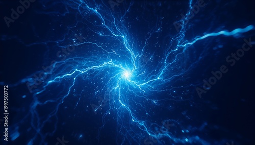 Abstract blue energy burst with lightning and particles
