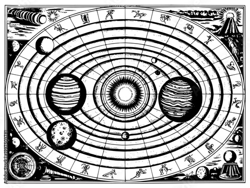 Detailed antique map of planetary orbits in woodcut engraving style featuring zodiac signs celestial motifs sun centric design and various astronomical instrumentation art.