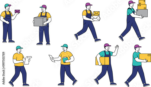 Cartoon vector illustration of delivery workers showing logistics tasks package mail handling creative organized design