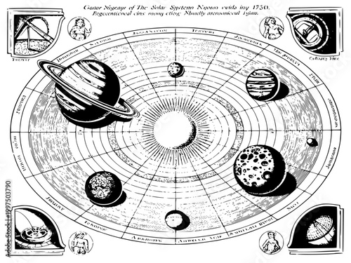 Vintage celestial diagram of solar system in antique woodcut style featuring orbiting planets like saturn and jupiter with sun at center and astronomical ornaments around.