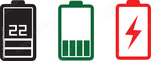 Battery charge level vector icon set low full and charging symbols energy power indicator design isolated modern illustration