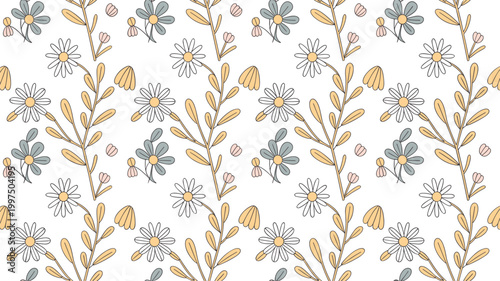 Cartoon vector illustration of floral pattern showing decorative flowers leaves buds with harmonious colorful natural design