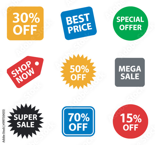Sale discount labels set vector, special offer best price mega sale badge collection, promotional stickers isolated design