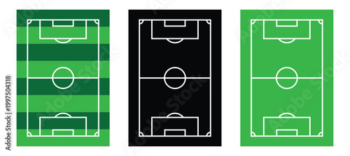 Three aerial views of soccer fields green black and green variations.