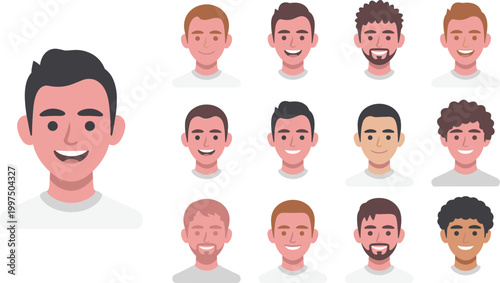 Cartoon vector illustration of male faces showing diverse hairstyles facial hair creative colorful design