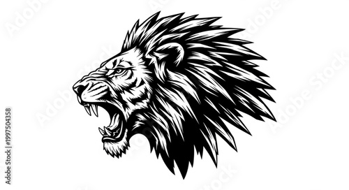 Fierce Lion Head Roaring with Open Mouth and Mane.